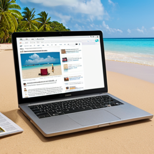 Home 11 A person happily working on a laptop on a tropical beach, with a blog page visible on the screen showcasing various articles and earning notifications, symbolizing the freedom and financial success of a digital nomad through blogging.