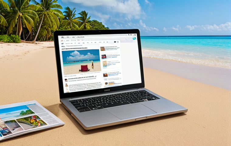 A person happily working on a laptop on a tropical beach, with a blog page visible on the screen showcasing various articles and earning notifications, symbolizing the freedom and financial success of a digital nomad through blogging.