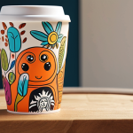 **

A vibrant and artistic collaboration coffee cup. The cup features a unique illustration by a popular artist, blending seamlessly with the coffee brand's logo. The overall scene is bright and cheerful, evoking a sense of joy and a perfect start to the day. The style is modern and trendy, appealing to a younger audience.

**