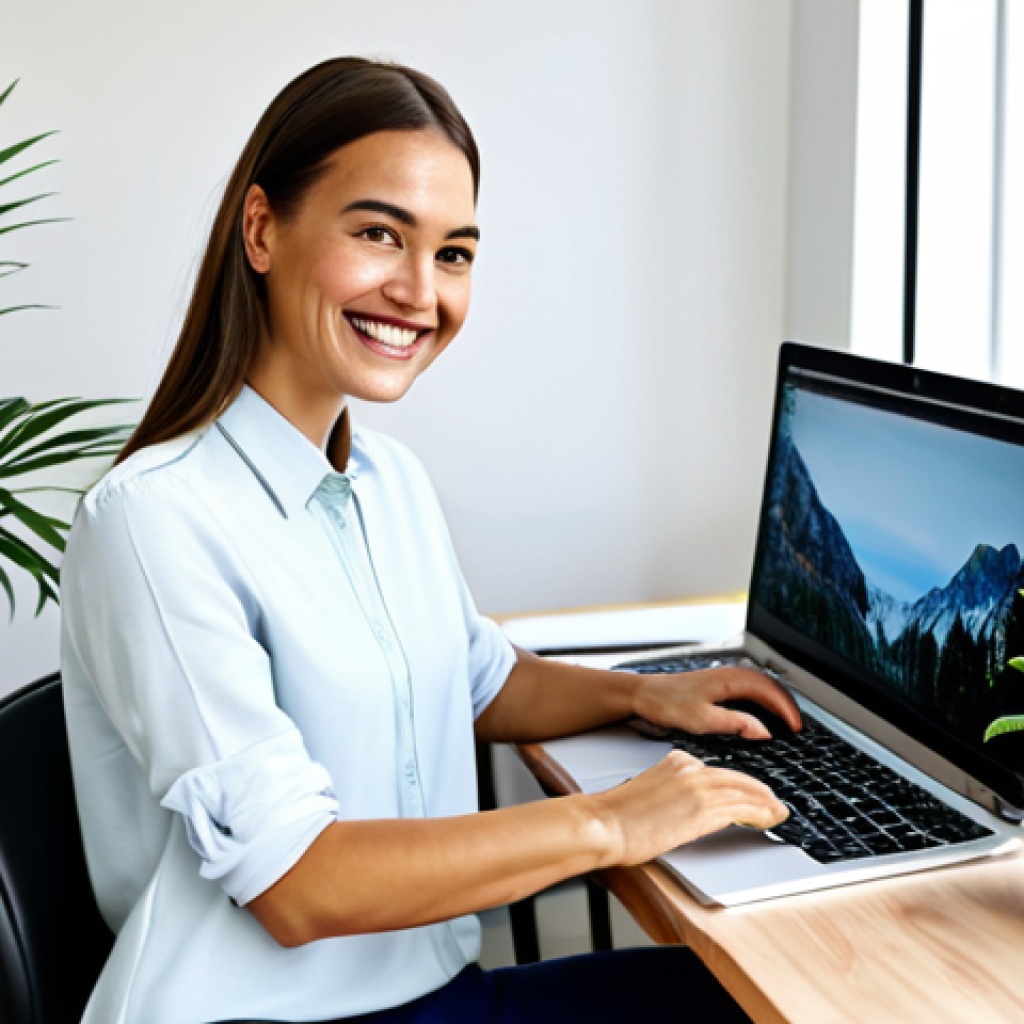 **
A professional blogger in a modern, bright workspace, surrounded by laptops, notebooks, and plants. She is smiling confidently while typing on her keyboard. The scene emphasizes creativity and productivity. She is wearing a stylish, modest outfit. Safe for work, appropriate content, fully clothed, professional, perfect anatomy, correct proportions, well-formed hands, proper finger count, natural pose, high quality.
**