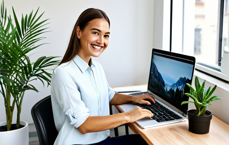 **

A professional blogger in a modern, bright workspace, surrounded by laptops, notebooks, and plants. She is smiling confidently while typing on her keyboard. The scene emphasizes creativity and productivity. She is wearing a stylish, modest outfit. Safe for work, appropriate content, fully clothed, professional, perfect anatomy, correct proportions, well-formed hands, proper finger count, natural pose, high quality.

**