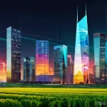 자산 기반 수익 모델 - **Image Prompt 1: The Active Asset Portfolio**
    A vibrant, futuristic cityscape at sunset, with e...