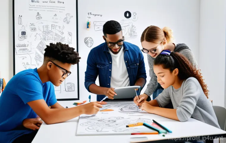 라이선스 사업 수익 모델 - **Prompt:** A vibrant, sunlit creative studio, filled with modern art supplies, digital tablets, and...