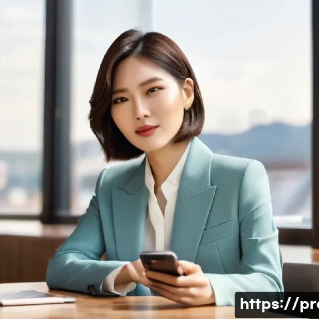 PPL 광고 효과 - A sophisticated Korean actress in her mid-30s, with a chic, modern bob haircut, is seated at a sleek...