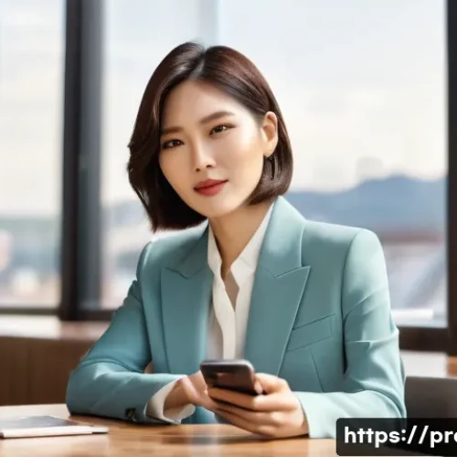 Home 27 PPL 광고 효과 - A sophisticated Korean actress in her mid-30s, with a chic, modern bob haircut, is seated at a sleek...